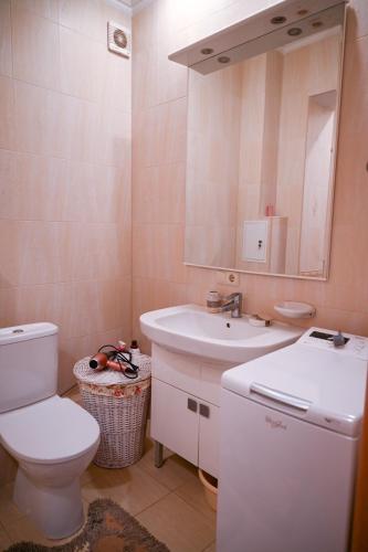 a bathroom with a toilet and a sink and a mirror at Apartment Lazurna 2 41 in Chornomorsk