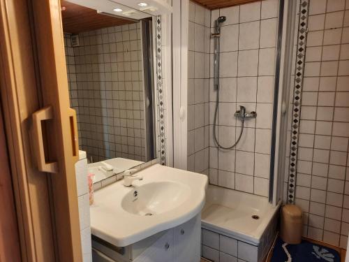 ein Bad mit einem Waschbecken und einer Dusche in der Unterkunft Moritz - Ferienhaus östlich der Dorfstraße in Grieben Insel Hiddensee in Grieben