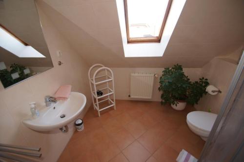 een badkamer met een wastafel, een toilet en een dakraam bij Ferienwohnungen Arkonablick in Lohme