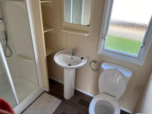 a bathroom with a sink and a toilet and a shower at 3 bedroom 8 berth standard caravans with Hot Tub,Mountain Bikes in Tattershall