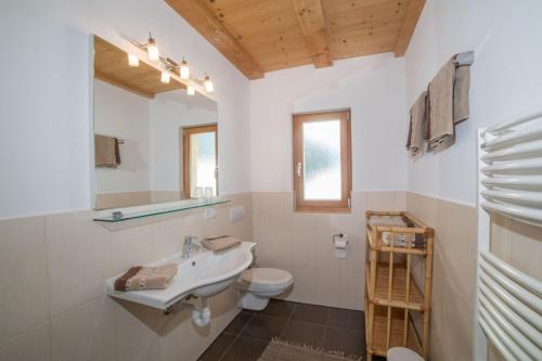 a bathroom with a sink and a toilet at Almhütte Tirler Schweige in Alpe di Siusi