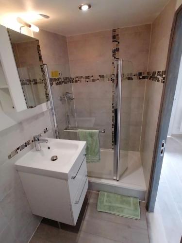 une salle de bain blanche avec une douche et un lavabo dans l'établissement Étape 85, à Saint-Vallier-de-Thiey