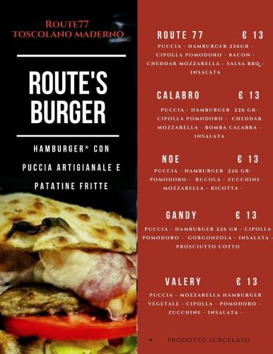 a menu for the route burger at Route77 hostel in Toscolano Maderno