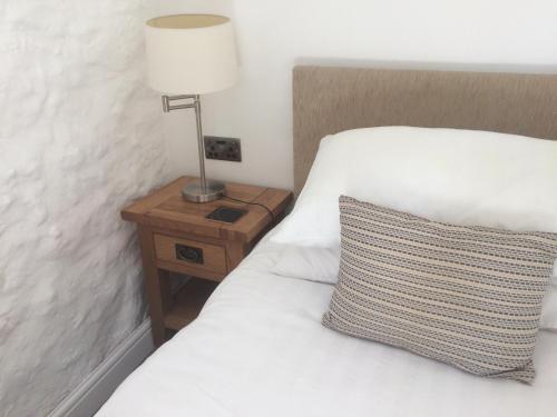 a bed with a pillow and a lamp on a night stand at Mill Lodge in Wells