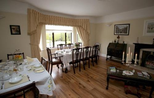 a dining room with a table and chairs and a fireplace at San Juan B&B in Cloghran