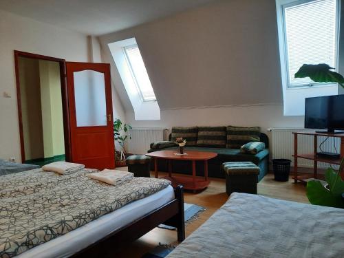 a bedroom with two beds and a couch and a tv at Megálló Wellness Panzió in Pálháza