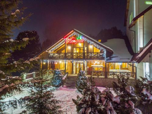 a house with christmas lights on the side of it at Laguna in Slavske
