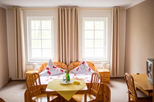 Cette chambre comprend un lit, une table et deux fenêtres. dans l'établissement Bürgerhaus auf dem Hasenberg, à Gützkow