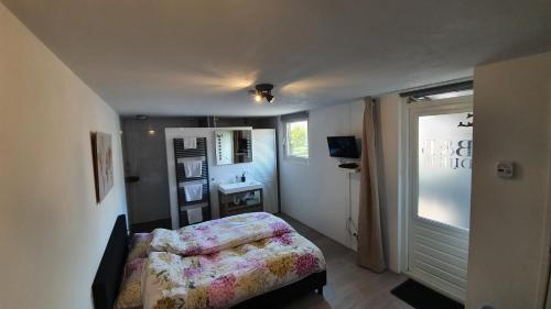 a bedroom with a bed and a sink and a window at Logeren op Dijk43 in Broek op Langedijk