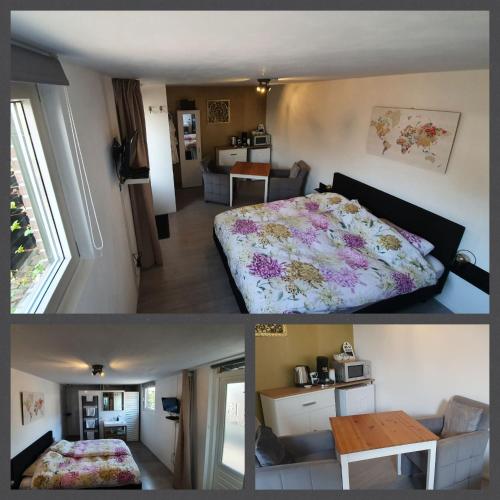 a hotel room with a bed and a living room at Logeren op Dijk43 in Broek op Langedijk