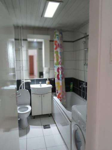 łazienka z toaletą, umywalką i wanną w obiekcie Petar's Apartment Centar w mieście Skopje