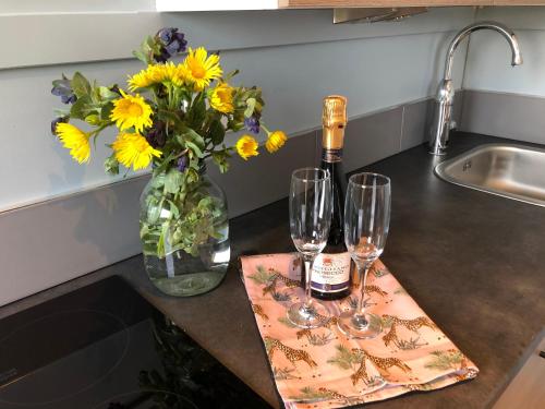 una mesa con dos copas de vino y un jarrón de flores en Willow Lodge 2, en North Newton
