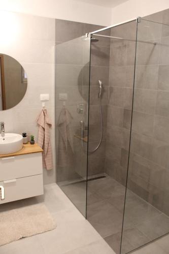 een douche met een glazen deur in de badkamer bij Sanda in Banjole
