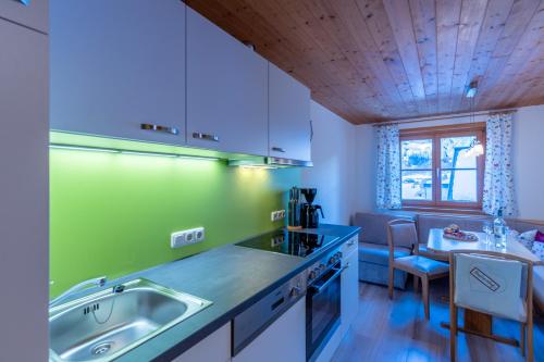 a kitchen with a sink and a counter top at Ferienbauernhof Kohler in Schoppernau