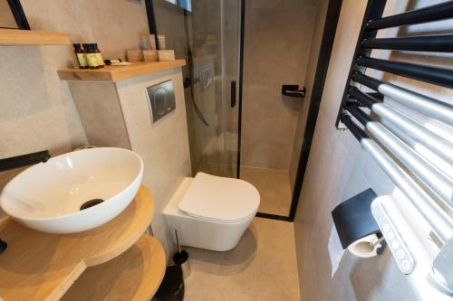 a bathroom with a toilet and a sink and a shower at Hip huisje aan de Maas in Lith