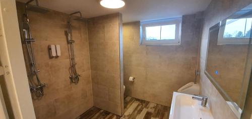 W łazience znajduje się prysznic i umywalka. w obiekcie B&B Mackenzieplaats w mieście Wilp