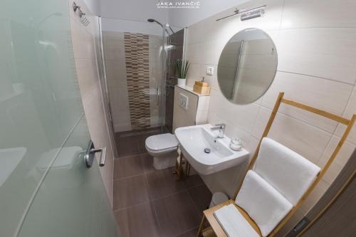 a bathroom with a sink and a toilet and a mirror at Med oljkami Apartment in Koper