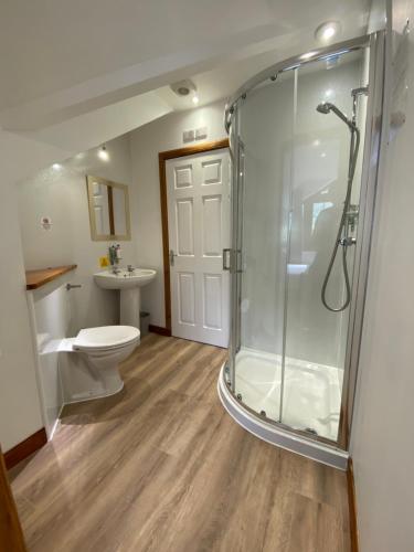 a bathroom with a shower and a toilet and a sink at 3 Sheraton Apartments in Fort William