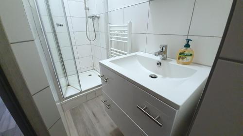 a white bathroom with a sink and a shower at Neuburg City Apartments in Neuburg an der Donau