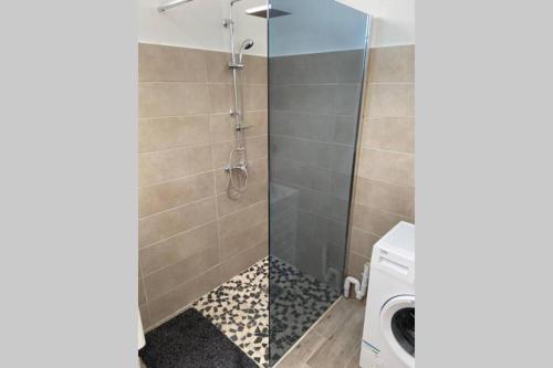 La salle de bains est pourvue d'une douche et d'un lave-linge. dans l'établissement Bel Appartement lumineux, à Sainte-Luce