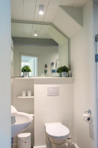 a bathroom with a sink and a toilet and a mirror at Reethus Glücklicher Matthias Hausteil Waasterlun in Oldsum