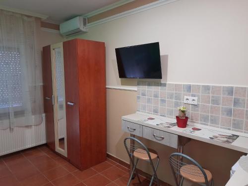 a kitchen with a counter and a tv on the wall at Andrea Apartman in Hajdúszoboszló