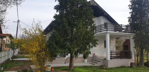 a white house with a blue roof at APARTMANI Ricci R 1 in Veliko Gradište