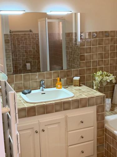 une salle de bain avec un lavabo et un miroir dans l'établissement Au bord de la mer, à Cavalaire-sur-Mer