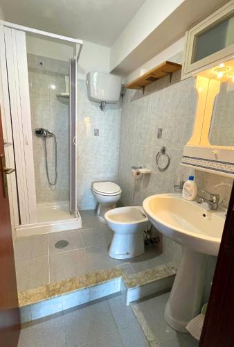 a bathroom with a shower and a toilet and a sink at Goddess Yard in Tropea
