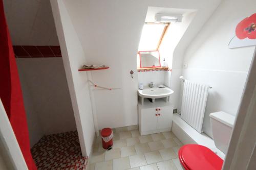 a small bathroom with a sink and a toilet at Maison Terre et Mer in Poullan-sur-Mer