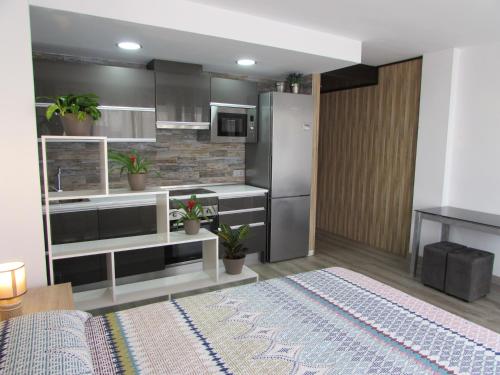 a kitchen with a stainless steel refrigerator and cabinets at GARRUCHA HOME AND BEACH in Garrucha