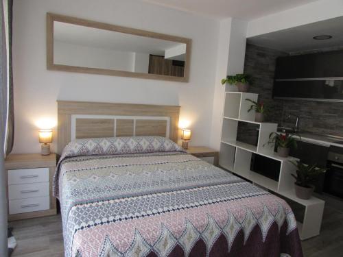 a bedroom with a large bed and a mirror at GARRUCHA HOME AND BEACH in Garrucha