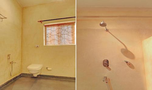 two pictures of a bathroom with a toilet and a shower at Treebo Morjim Banyan Resort in Morjim
