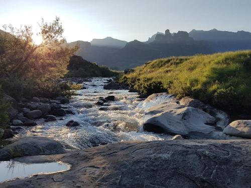 un río con rocas y montañas en el fondo en Fairways Holiday Accommodation, en Drakensberg Garden
