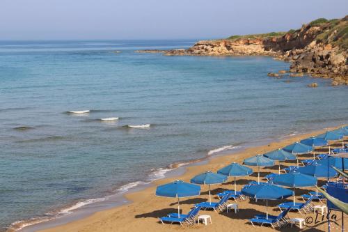 a group of blue umbrellas and chairs on a beach at ASTRA Village Resort in Svoronata
