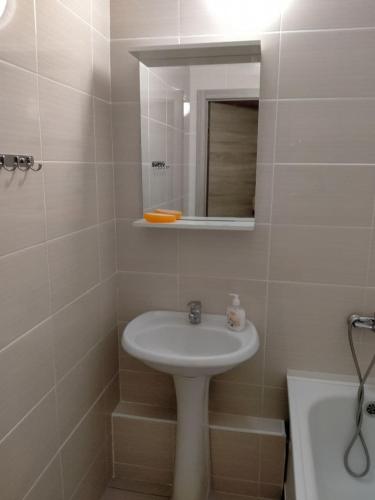 a bathroom with a sink and a mirror and a tub at Sunflower Aparts 36 in Voronezh