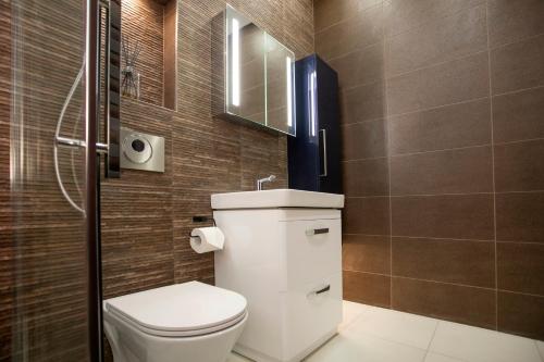 a small bathroom with a toilet and a sink at Beautiful, Entire Luxurious One Bedroom Flat in Leicester