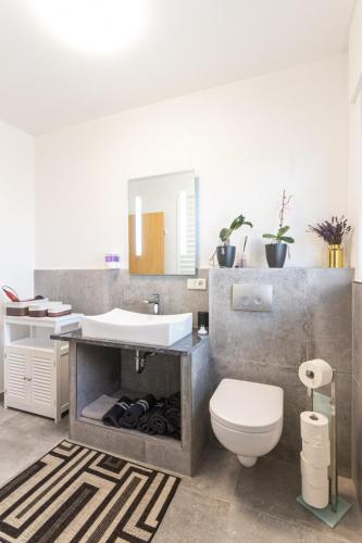 a bathroom with a sink and a toilet at Haus Elena in Bestwig