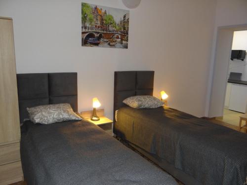 two beds sitting next to each other in a room at Hotel Apartamenty 72 in Płock