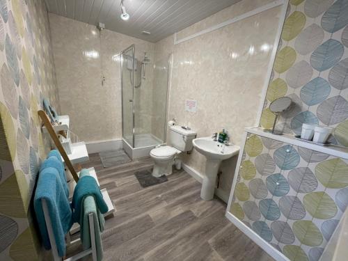 uma casa de banho com um chuveiro, um WC e um lavatório. em Barracuda, Beachside Apartment em Benllech