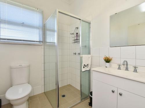 a bathroom with a shower and a toilet and a sink at Somerville Wine Cottage Hideaway 3-Bedroom Cottage Near Broke Wineries in Broke