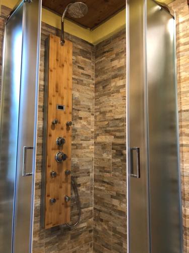 e bagno con doccia e parete in legno. di Hotel Flora Alpina a Gressoney-Saint-Jean