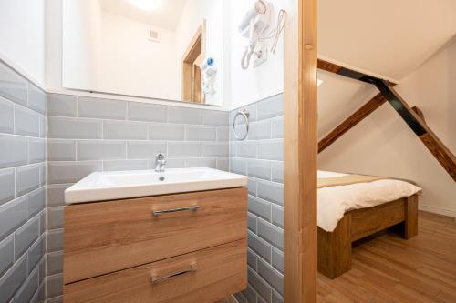 a bathroom with a sink and a mirror at Central Park Rooms in Oradea
