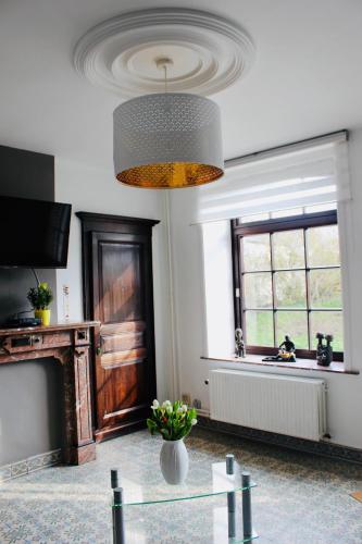 a living room with a fireplace and a chandelier at Les Lilas in Sart-en-Fagne