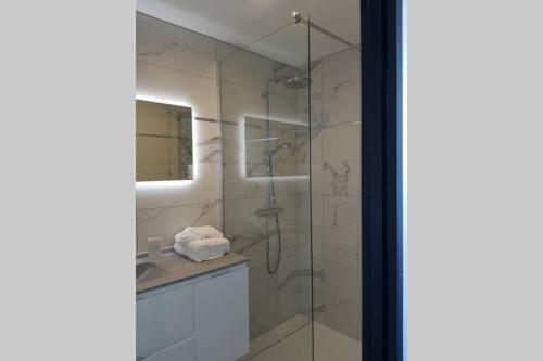 a bathroom with a glass shower and a sink at La Villa Thelma 5 étoiles, piscine, sauna et jacuzzi in Granville