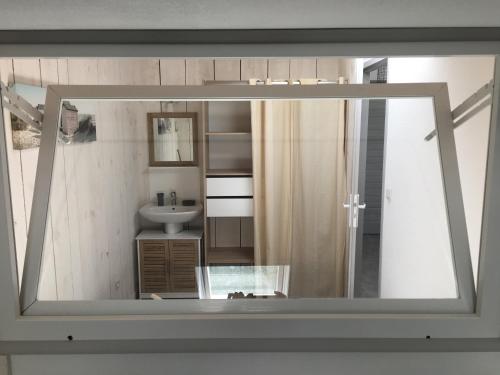 La salle de bains est pourvue d'un miroir, d'un lavabo et d'une douche. dans l'établissement Les Suites de l'Alvertonne, à Arvert