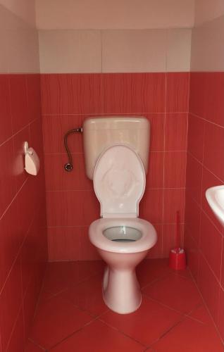 a bathroom with a toilet in a red tiled room at Rafting & Via Ferrata Base Camp in Vadul lui Carol II