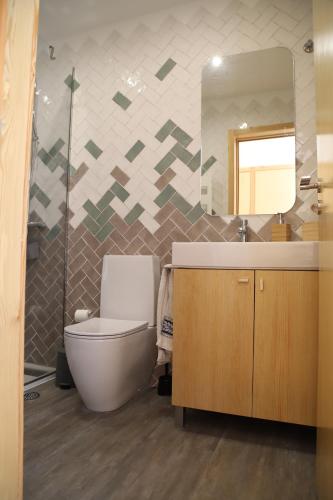 a bathroom with a toilet and a sink and a mirror at Casa do Pilar - D Maria Pia in Vila Nova de Gaia