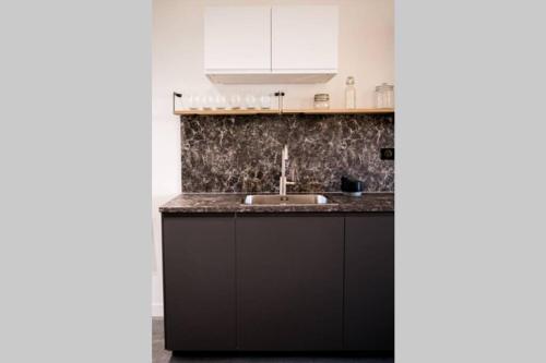 - une cuisine avec des placards noirs et un évier dans l'établissement L'ingénieux de Bazin - proche Place Stanislas, à Nancy