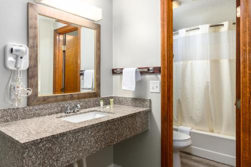 a bathroom with a sink, mirror, and toilet at Captains Quarters Motel & Conference Center in Eastham